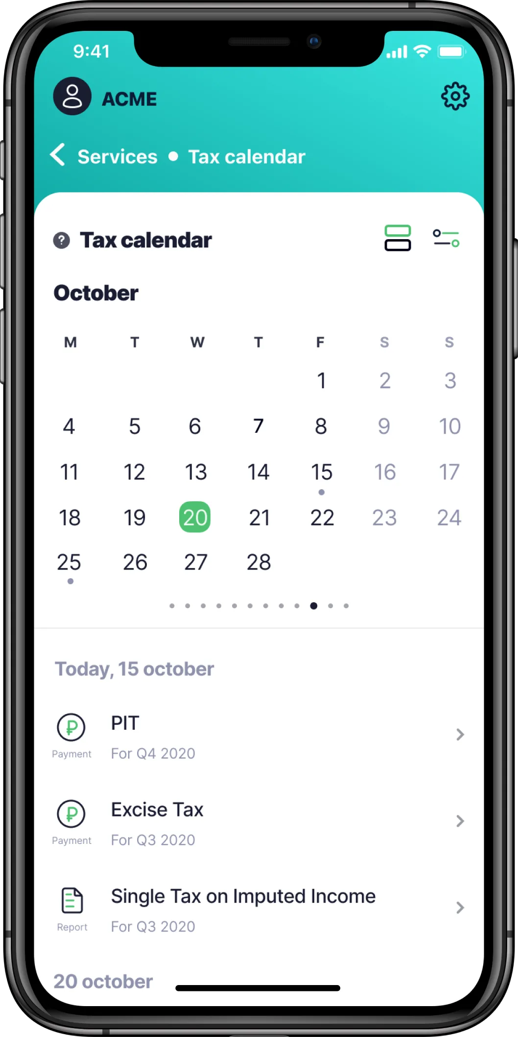 Tax calendar, calendar view with event indicators